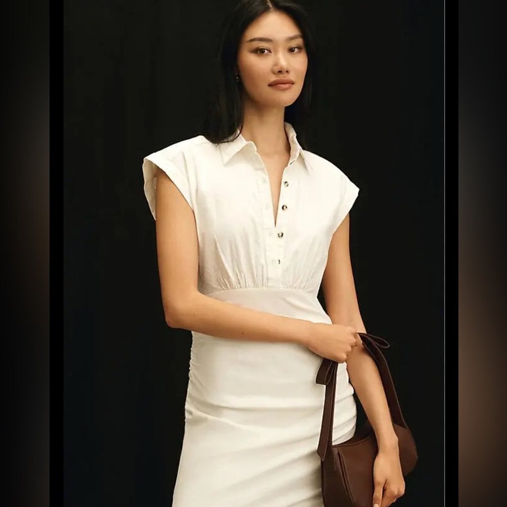 By Anthropologie Cap-Sleeve Collared Linen Ruched Mini Dress Size Medium